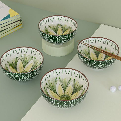 Green Flower Printed Bowl Set of 4, 330 ML
